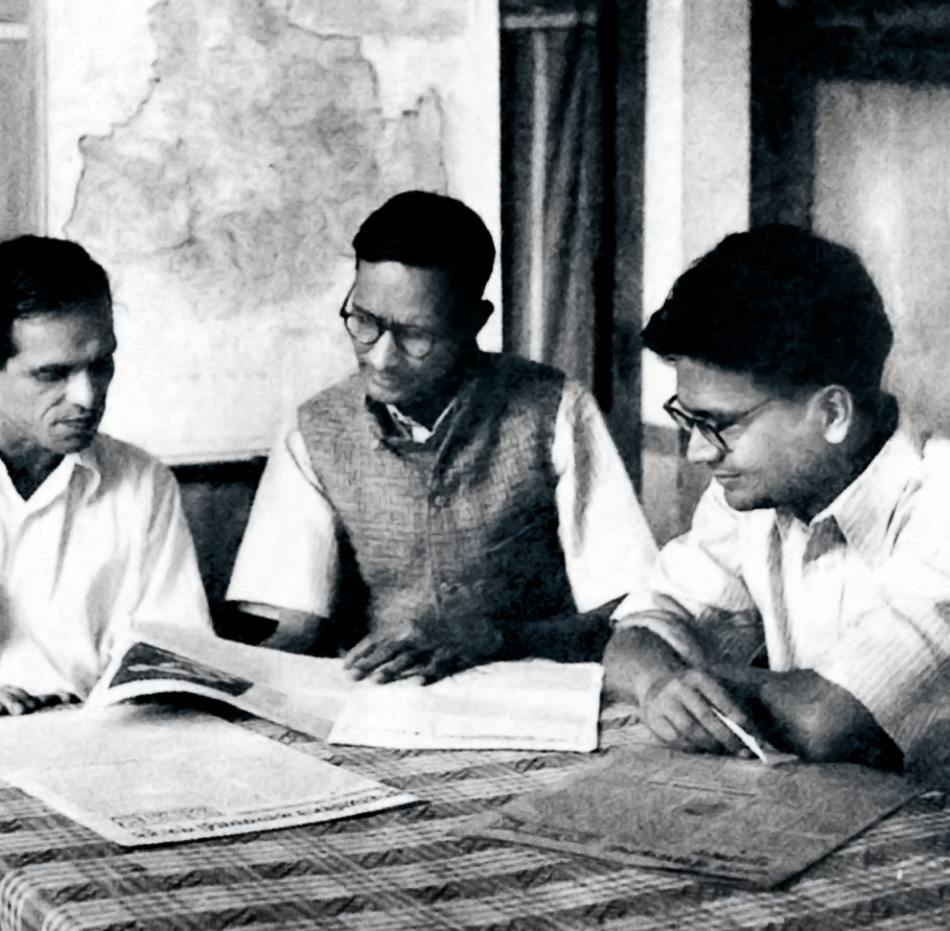 Caption: BT Ranadive, G Adhikari, and PC Joshi at a meeting of the Polit Bureau of the Communist Party of India at the CPI headquarters in Bombay, 1945. Credit: Sunil Janah / The Hindu Archives.