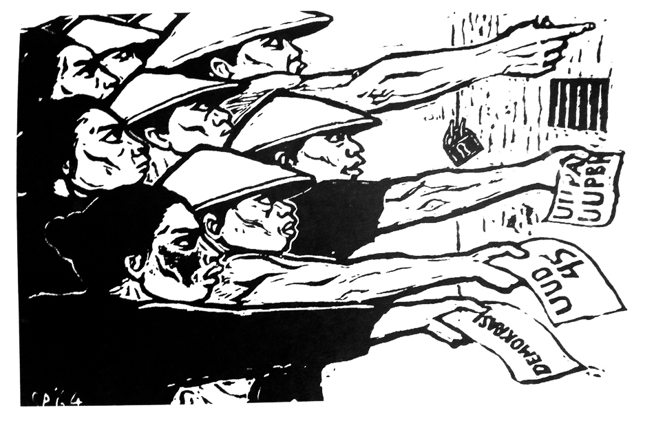 S. Pudjanadi, Kaum Tani Menuntut (‘Peasants Make Demands’), published in Harian Rakyat, 21 June 1964. The demands read, from top to bottom: UUPA (‘agrarian law 1960’), UUD 45 (‘Indonesian 1945 constitution’) and demokrasi (‘democracy’).